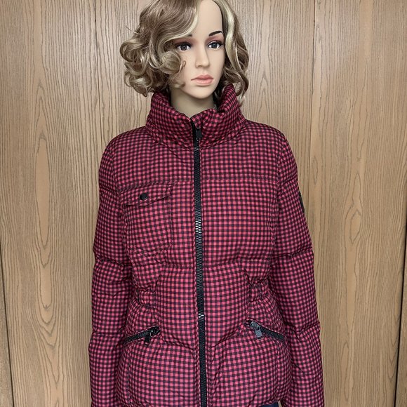 Women COACH Gingham Check Short Down Puffer Coat Jacket - Red/Black - Size Large - Picture 3 of 15